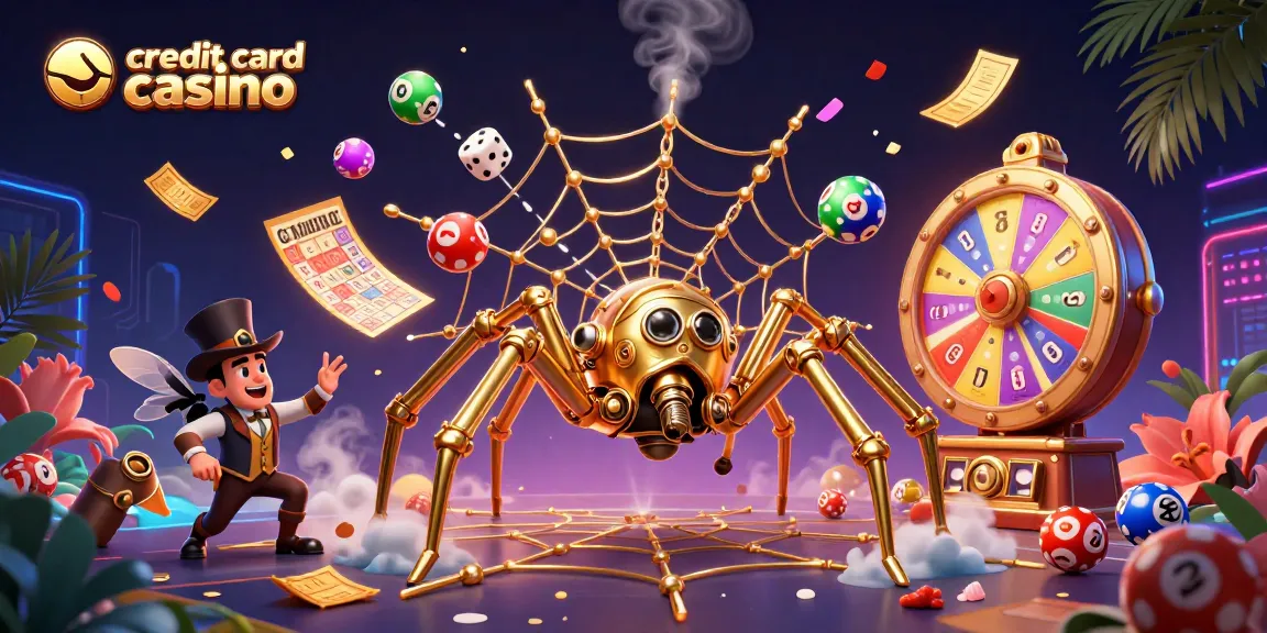 Catch thrilling action at a credit card casino with a steampunk spider and vibrant game elements.