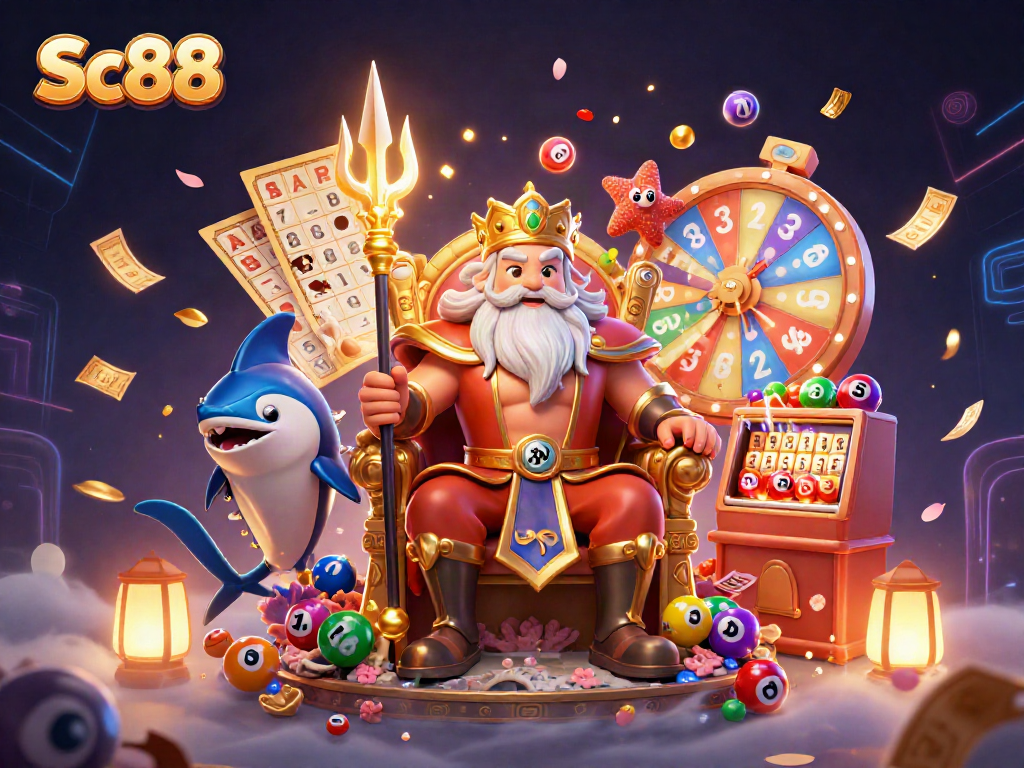 Win big with SC88 as cartoon Neptune reigns over a vibrant casino scene of games and luck.