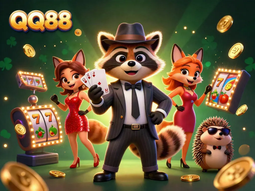 Engage in exciting slots action at QQ88 with a lucky raccoon, glamorous fox, and bouncer!