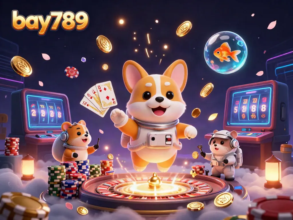 Engage with bay789's vibrant gaming world featuring a floating corgi in a casino setting.