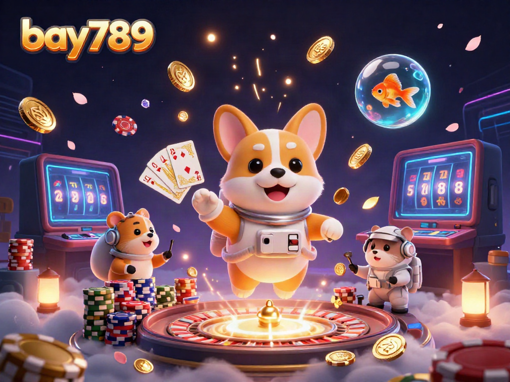 Engage with bay789's vibrant gaming world featuring a floating corgi in a casino setting.