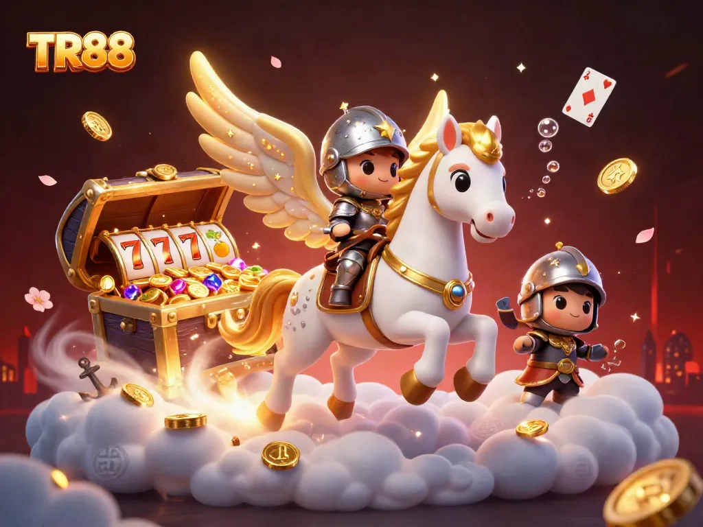 Experience the magical TR88 adventure with a celestial horse amidst cascading slot reels and treasures.