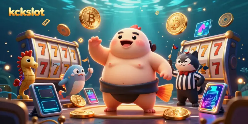 Kckslot menghadirkan ilustrasi animasi 3D menarik dengan ikan fugu dan elemen permainan slot yang memikat.