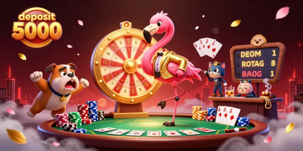 Engage in thrilling gaming with "deposit 5000" as the flamingo host spins the prize wheel amidst vibrant casino elements.