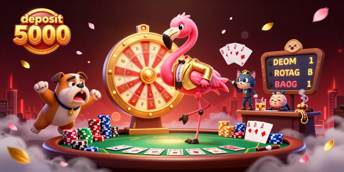 Engage in thrilling gaming with "deposit 5000" as the flamingo host spins the prize wheel amidst vibrant casino elements.