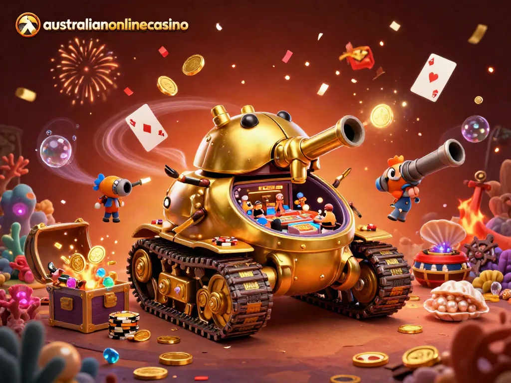 Experience ultimate fun with australianonlinecasino's golden beetle tank, showing a mini casino burst with excitement.