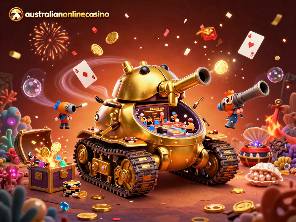 Experience ultimate fun with australianonlinecasino's golden beetle tank, showing a mini casino burst with excitement.