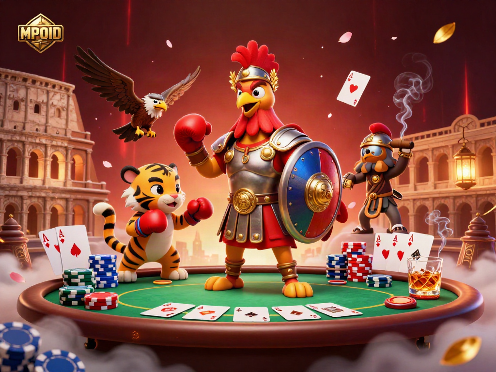 MPOID brings action to the gaming arena with a gladiator rooster, poker elements, and vibrant colors, capturing the excitement.