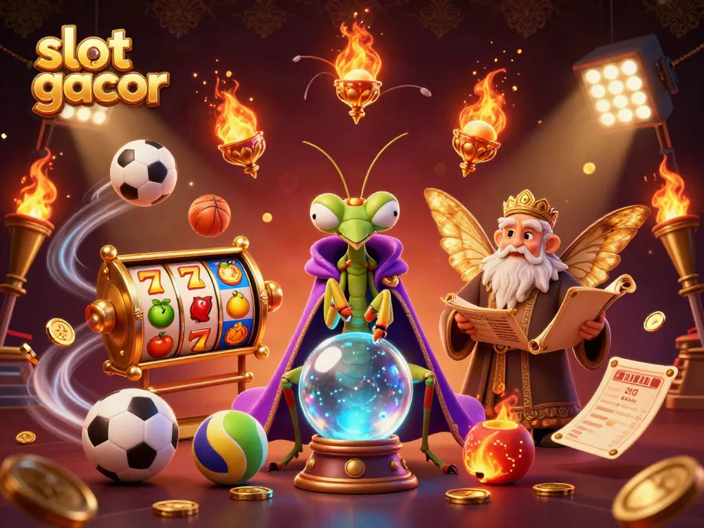 Play slot gacor with mystical creatures, giant 7s, and spinning reels in a vibrant scene.