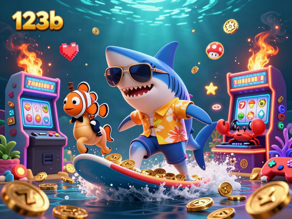Surf thrilling wins at 123b with a lively casino-themed underwater scene.