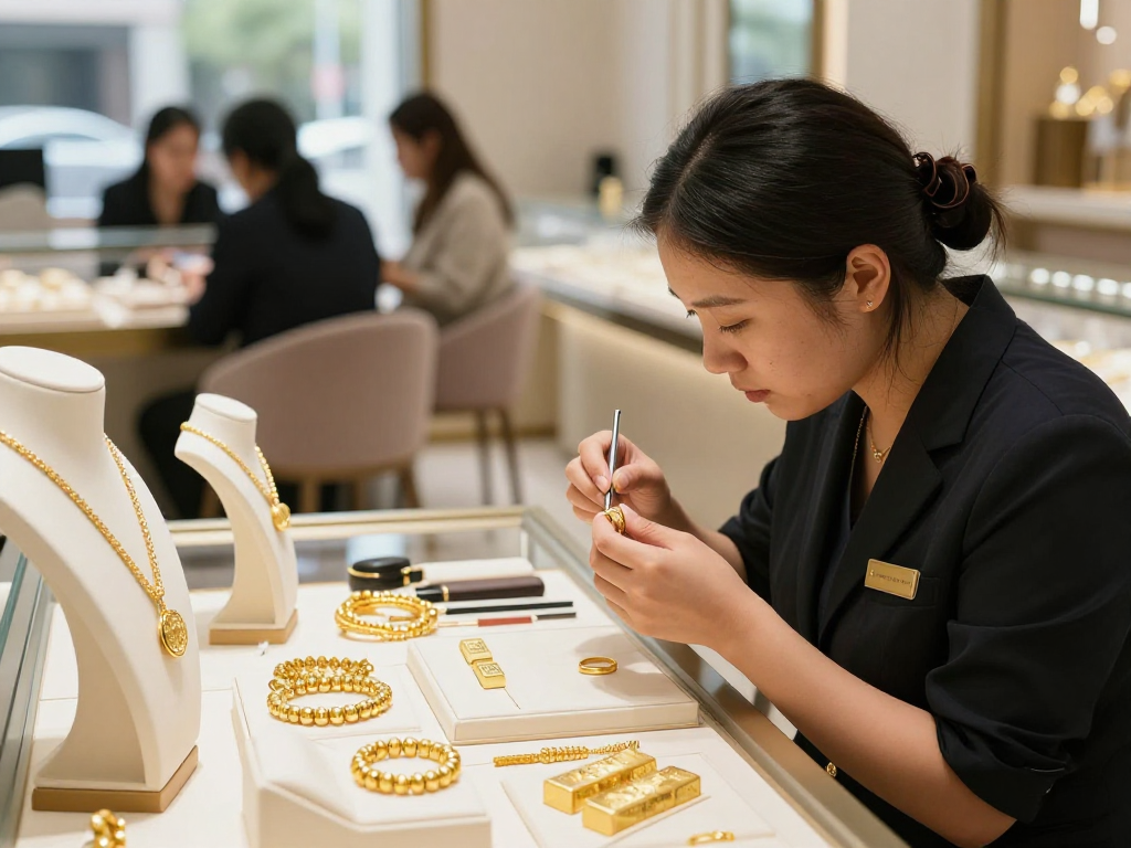 Jeweler examining 24K gold ring at a professional jewelry store focused on mantra88.