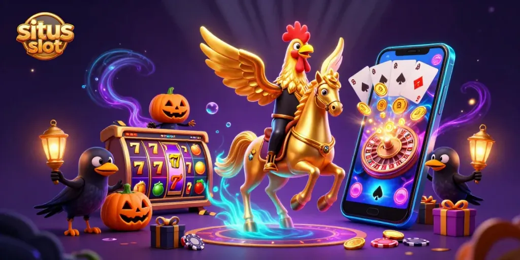 Play captivating situs slot games surrounded by vibrant casino elements in this dynamic 3D illustration.