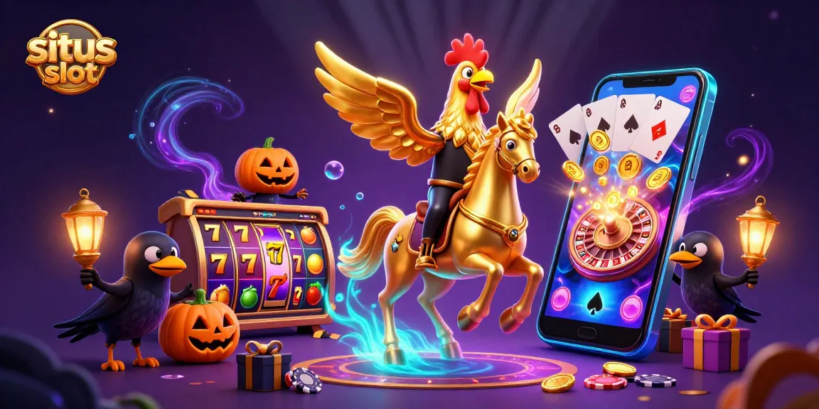 Play captivating situs slot games surrounded by vibrant casino elements in this dynamic 3D illustration.