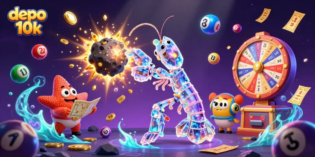 Engage with depo 10k gaming excitement through vibrant lottery and casino elements in an action-packed scene.