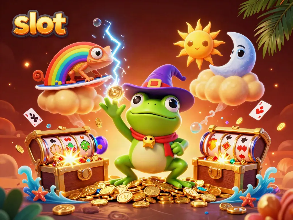 Experience thrilling slot gameplay with a wizard frog conjuring golden coins and vibrant characters.