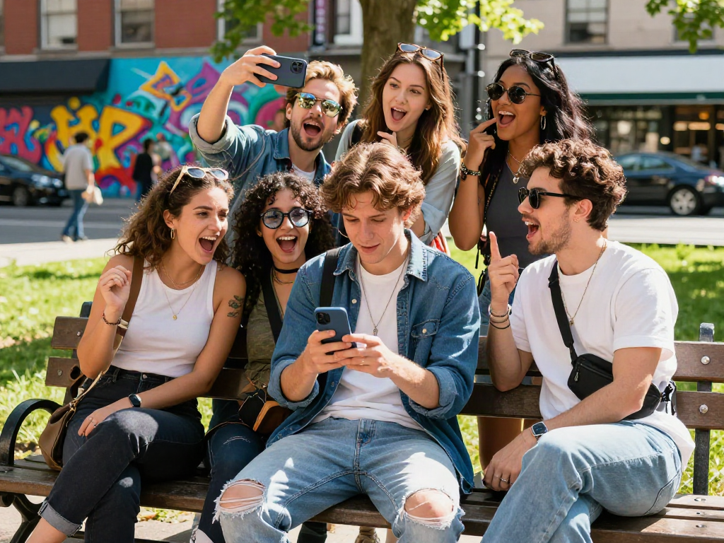 Young adults enjoying a sunny day discussing celebrity look-alikes while taking selfies in an urban park.