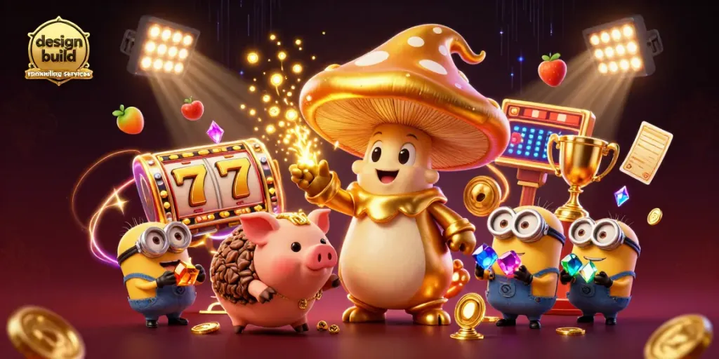 Engage with design build remodeling services through exciting casino-themed visuals featuring golden characters and dynamic elements.
