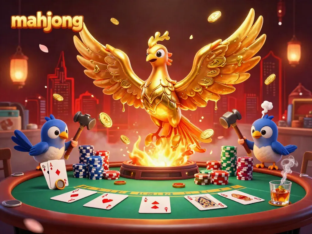 Experience thrilling mahjong gameplay with golden phoenix and poker elements in a vibrant casino.