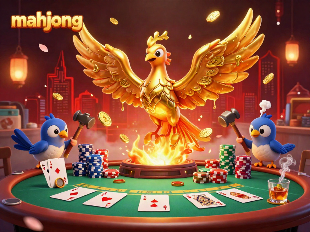 Experience thrilling mahjong gameplay with golden phoenix and poker elements in a vibrant casino.