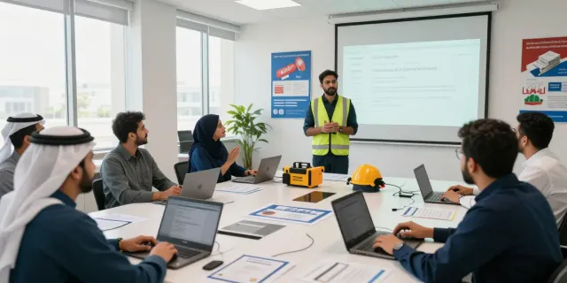 Training Institute Saudi Arabia workshop with professionals learning HSE skills in a modern training center.