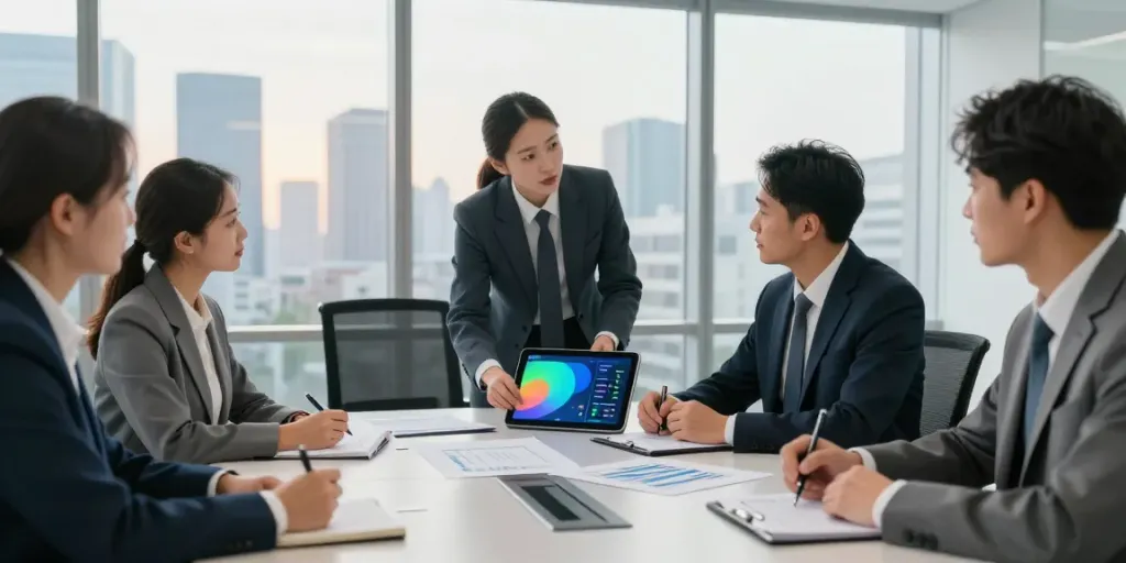 Consultant presenting debtor in possession financing options to an executive team in a modern office setting.