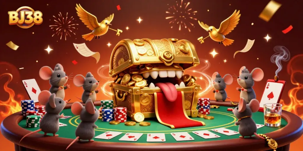 Engaging illustration of BJ38 depicting treasure while enticing adventurer mice at a poker table filled with chips and cards.