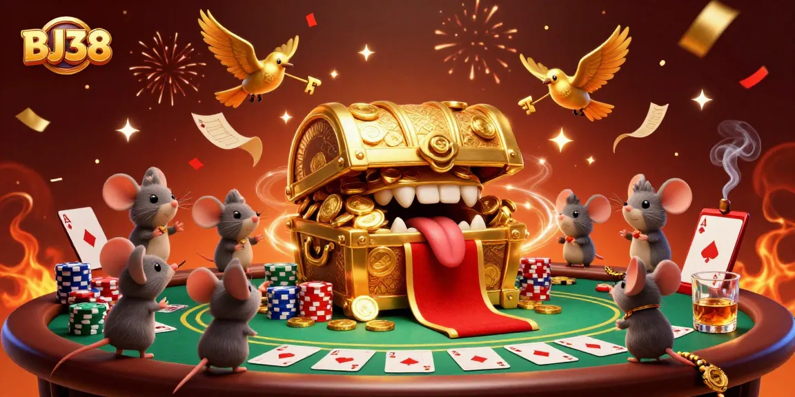 Engaging illustration of BJ38 depicting treasure while enticing adventurer mice at a poker table filled with chips and cards.