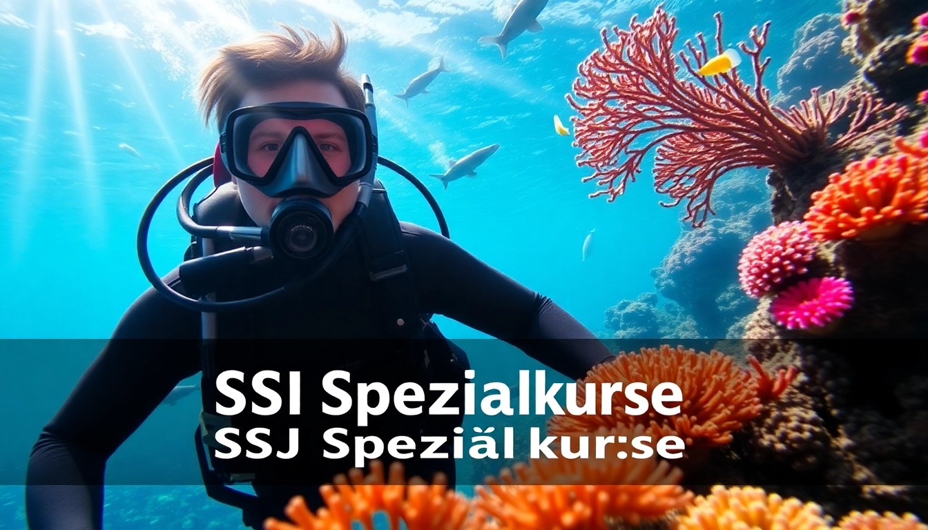 SSI Spezialkurse für Tauchen, ein Taucher interagiert mit bunten Korallen und Fischen.