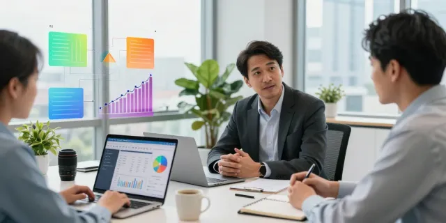 Michael Rustom Consultant in a modern office discussing strategies with a client.