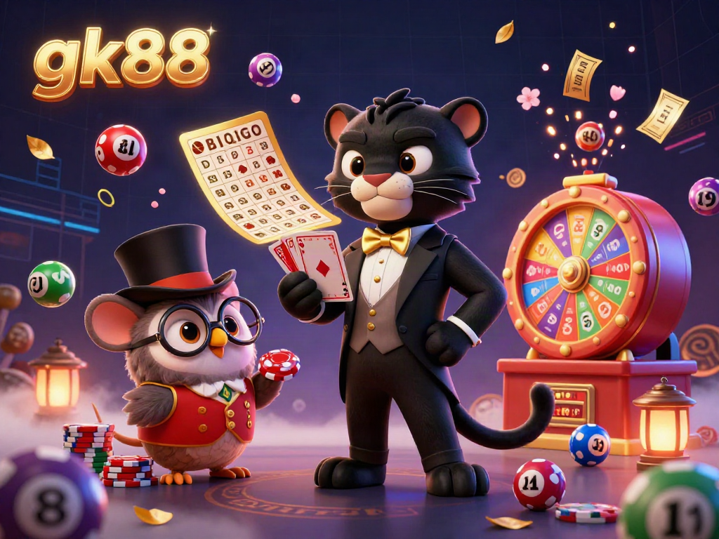 Experience thrilling gambling action with gk88 featuring a dynamic scene of a tuxedo panther, an owl, and a mouse amid colorful lottery elements.