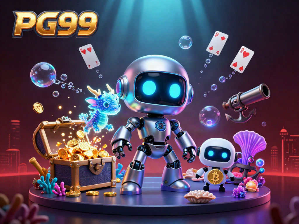 Engage with PG99, featuring an exciting 3D casino scene filled with vibrant characters and game elements.