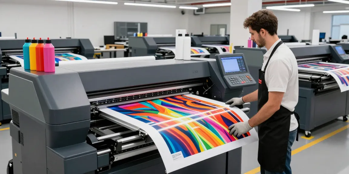 Professional operator adjusting settings on poster printer machines in a vibrant print shop environment.