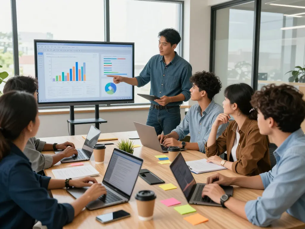 Team collaborating with additional resources in a bright conference room, focused on innovative solutions.