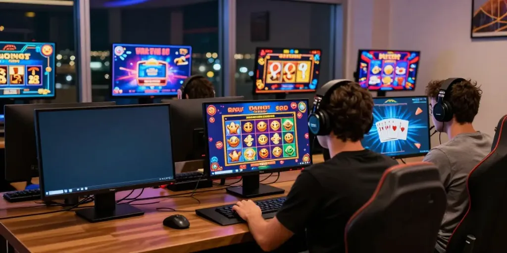Casinos not on GamStop: Engaging online gaming experience with colorful graphics and gaming icons.