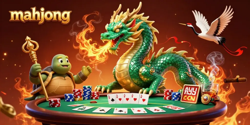 Engage with mahjong gameplay featuring a jade dragon and wise turtle surrounded by poker elements.