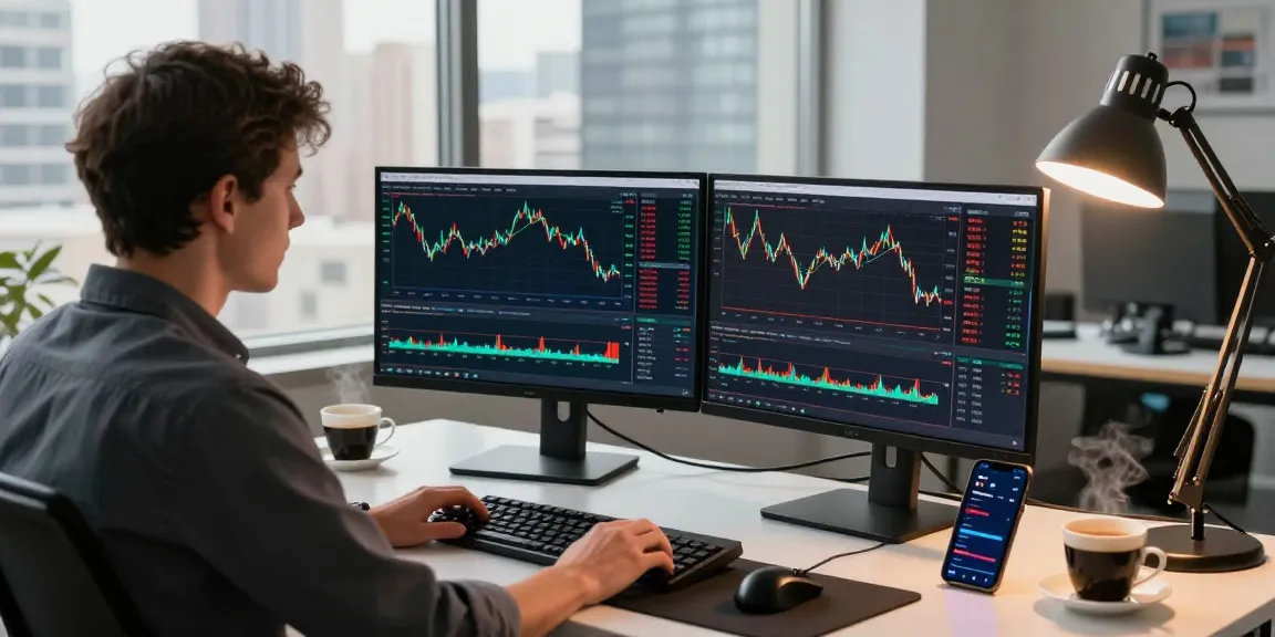 Trader using MetaTrader 4 on dual monitors in a modern trading setup with charts and data.