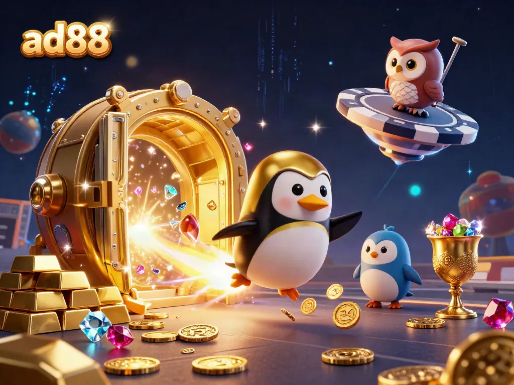 Engage with ad88 through vibrant 3D visuals of golden treasures and a penguin in space.