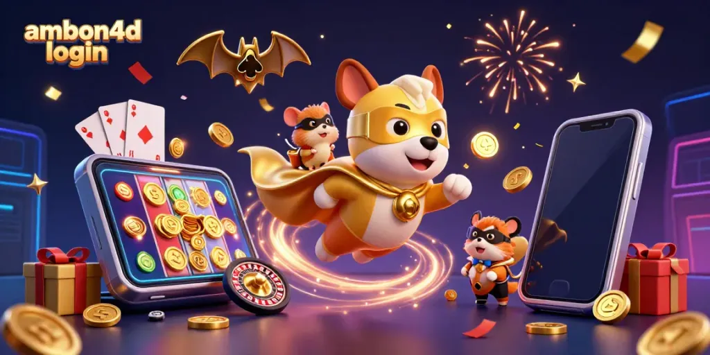Join the excitement of ambon4d login with a thrilling 3D illustration of a superhero dog and hamster in a vibrant casino world.