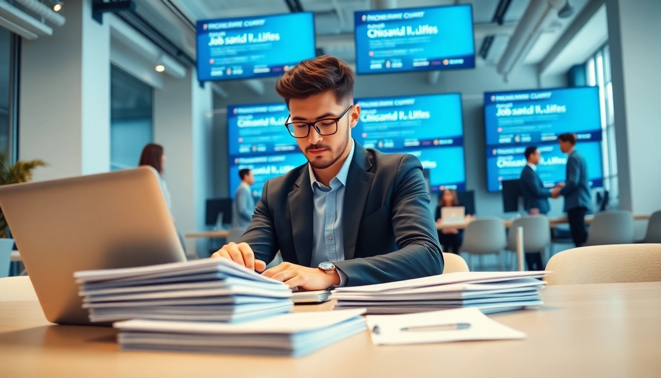 Searching for a job in chicago with focused professionals in a vibrant office environment.