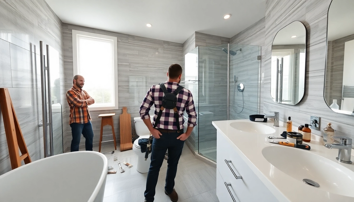 Skilled bathroom remodeling contractors transform a modern bathroom space.