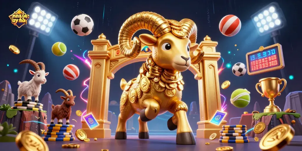 Engage with nhà cái uy tín as a dynamic golden ram charges through a vibrant casino scene