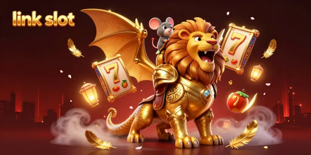 Engage with captivating action in our link slot illustration featuring a roaring chimera and vibrant casino elements.