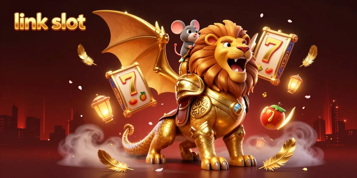 Engage with captivating action in our link slot illustration featuring a roaring chimera and vibrant casino elements.