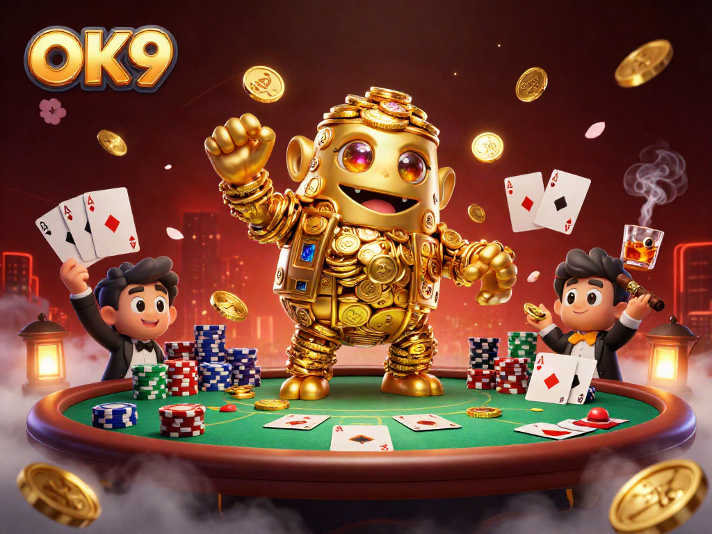 Celebrate big wins on OK9 with a vibrant poker scene showcasing golden golem characters and casino elements.