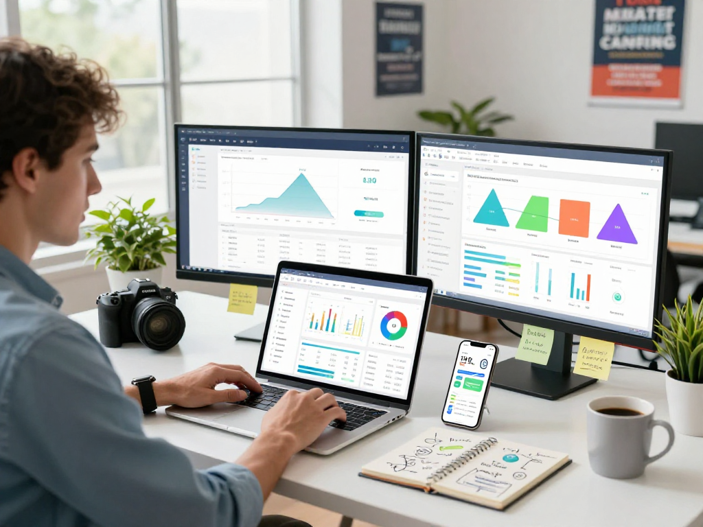 Professional analyzing data for buy app install strategies in a modern workspace.