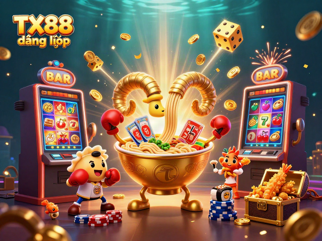 Engaging TX88 đăng nhập casino scene with a golden ramen bowl character, vibrant elements, and jackpot excitement.