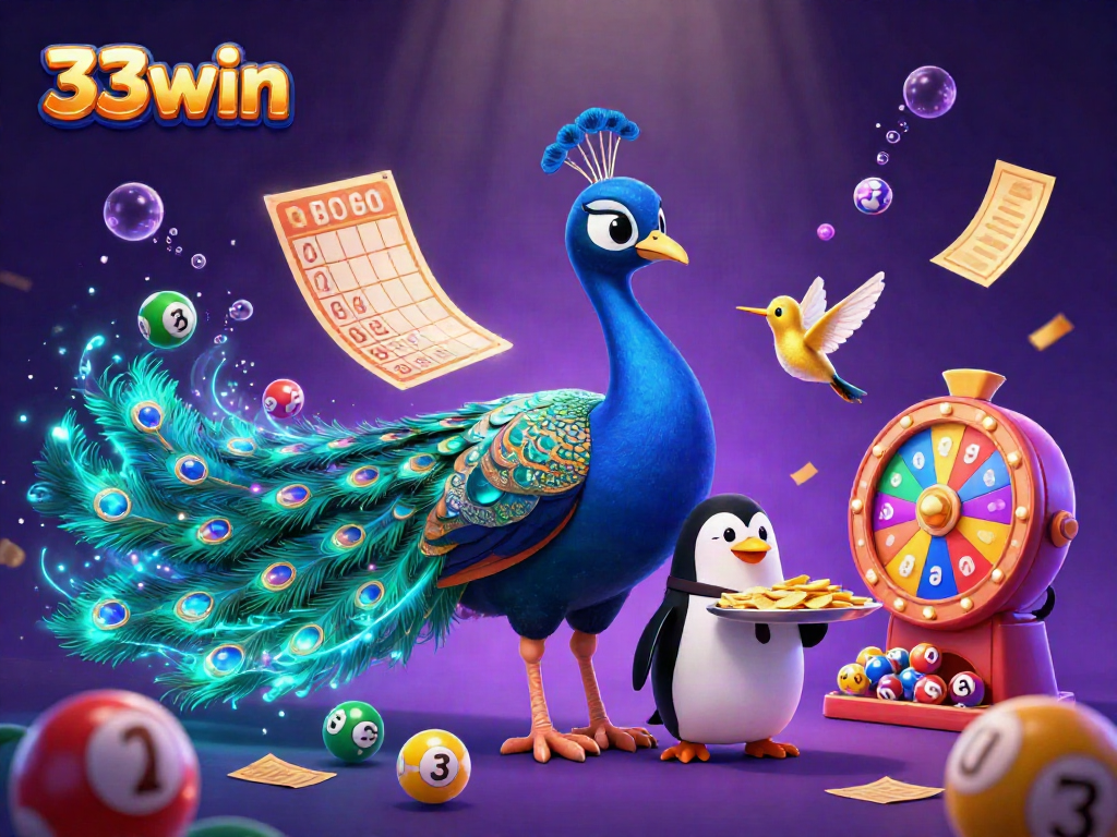 Experience the captivating allure of 33win featuring a majestic peacock and colorful lottery elements.