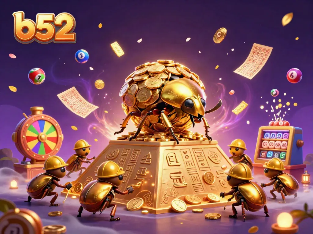 Engage with b52's vibrant casino adventure with golden beetles and lottery balls in an animated scene.