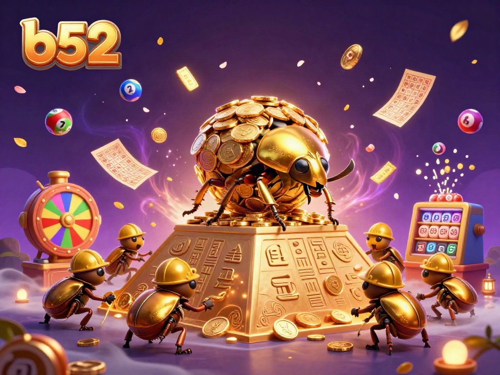 Engage with b52's vibrant casino adventure with golden beetles and lottery balls in an animated scene.
