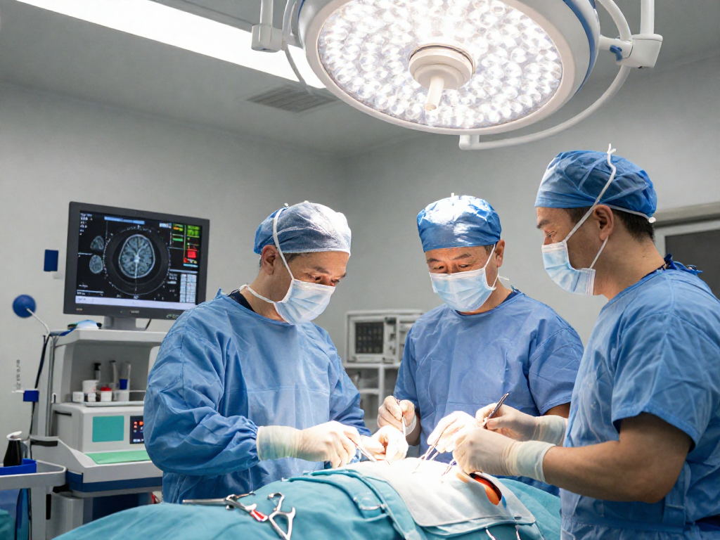 Beyin tümörü ameliyatı showcasing a surgical procedure with experienced medical team in action, emphasizing advanced technology and patient care.